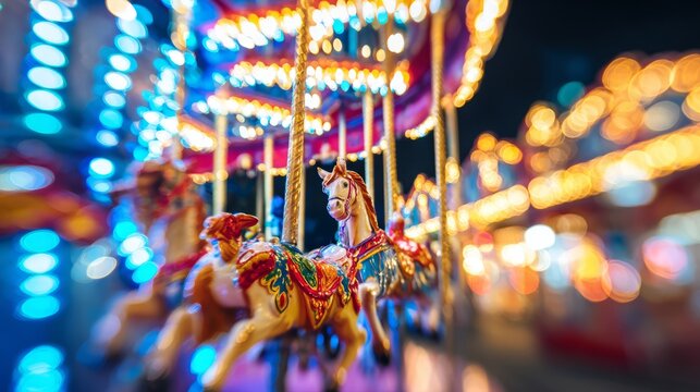 tennessine. A vibrant carousel at night with colorful horses and festive lights. wildlife magazines, conservation campaigns, designed for wildlife conservation campaigns.
