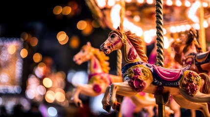 tennessine. A vibrant carousel at night with colorful horses and festive lights. wildlife magazines, conservation campaigns, designed for wildlife conservation campaigns.
