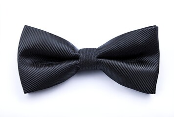 A classic black bow tie with a subtle textured pattern, perfectly tied and isolated on a clean white background.