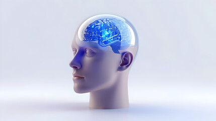 Artificial Intelligence Concept Glowing Brain Inside Human Head Silhouette Clean White Background Studio Lighting