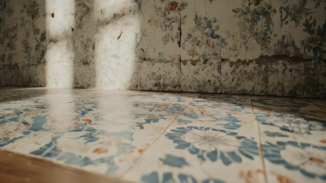 Vintage Room Interior with Sunlight and Floral Wallpaper Creating a Nostalgic Atmosphere