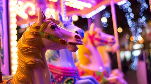 tennessine. A vibrant carousel at night with colorful horses and festive lights. wildlife magazines, conservation campaigns, designed for wildlife conservation campaigns.
