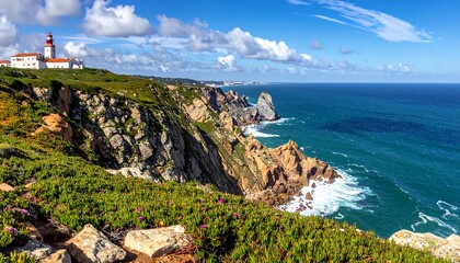 Dramatic Lighthouse on Rugged Coastal Cliffs Overlooking the Atlantic Ocean.
