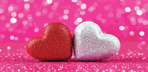 Obraz premium Romantic Red and White Glitter Hearts Symbolizing Love and Togetherness on a Pink Sparkly Background with Bokeh Lights