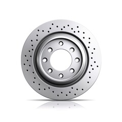 A detailed, realistic rendering of a silver perforated car brake disc with a reflective surface.
