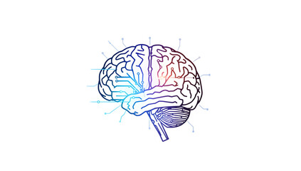 Digital Brain with Colorful Neurons and Electrical Impulses on White Background