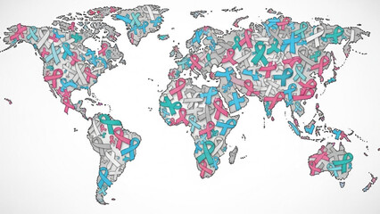 Obraz premium World map composed of awareness ribbons symbolizing global health campaigns and support isolated on white background