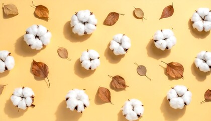 Flat lay of cotton bolls and dried leaves on a yellow background.