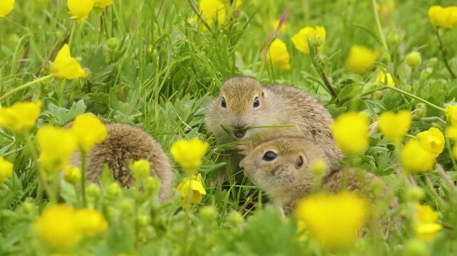 Footage captures a group of adorable European ground squirrels, also known as gophers or sousliks, foraging and interacting in a lush green meadow filled with bright yellow buttercups. The rodents are