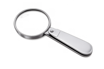 Magnifying glass with a silver frame and folding handle representing concepts of analyzing, focusing, and examining details