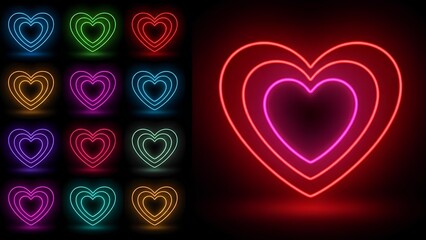 Vibrant collection of glowing neon heart icons, perfect for digital designs, romantic themes, or Valentine's Day celebrations, showcasing electric light and modern aesthetics