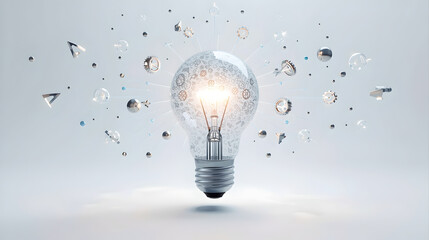 Illuminated Light Bulb Exploding With Glittering Particles And Geometric Shapes Against A White Background
