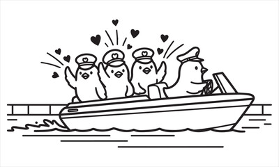 Naklejka premium Four cartoon penguins in captain hats riding a boat with hearts vector