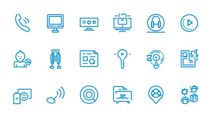 Set Of Blue Outline Icons Representing Technology Business Communication And Services On White