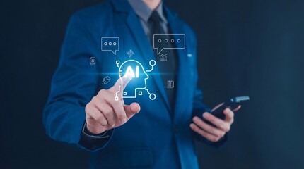 Businessman interacting with artificial intelligence interface on mobile device in dark background with glowing blue icons with ai and technology