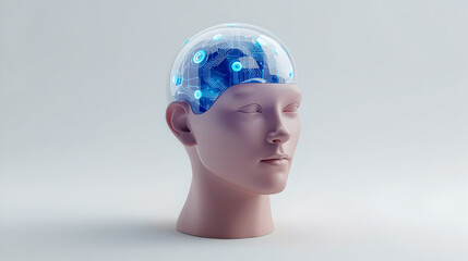 Transparent Head With Blue Neural Network And Glowing Circuits On White Background