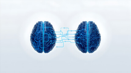Two Digital Brains Connected By Blue Circuitry On White Background