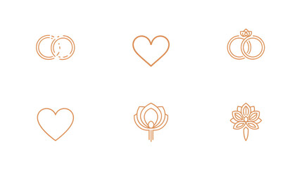 Wedding Icons Set Ring Heart Flower Line Art Simple Orange Graphic Design