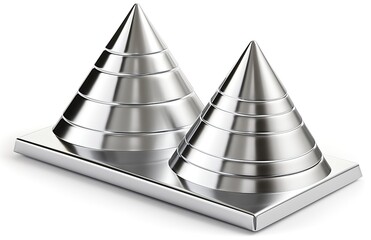 Two polished metallic conical sculptures with ridged surfaces on a rectangular base, reflecting light.