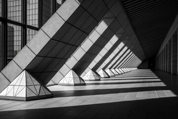 Abstract Geometric Patterns and Light in Aligned Architectural Structure in Monochrome Style