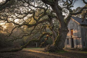 An Ancient Oak Tree with Gnarly Twisting Branches in a Woodland Landscape