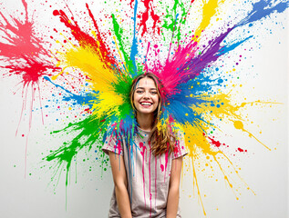Joyful Woman in a Burst of Colorful Paint Splatters