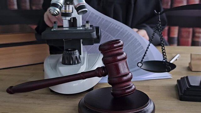 Microscope and gavel on desk in legal setting with papers and scales of justice present during examination process