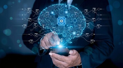 Businessman holding smartphone with glowing blue circuit board brain interface floating above screen technology innovation concept with digital
