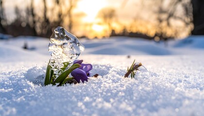 A lone purple crocus flower emerges from the snow with a small insect nearby.