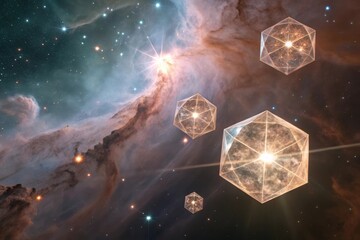 Crystal Like Geometric Formations Suspended Within a Colorful Nebulae, Deep in Outer Space