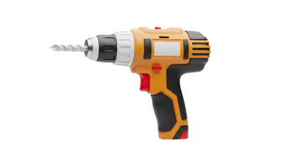 Orange and black cordless drill with drill bit