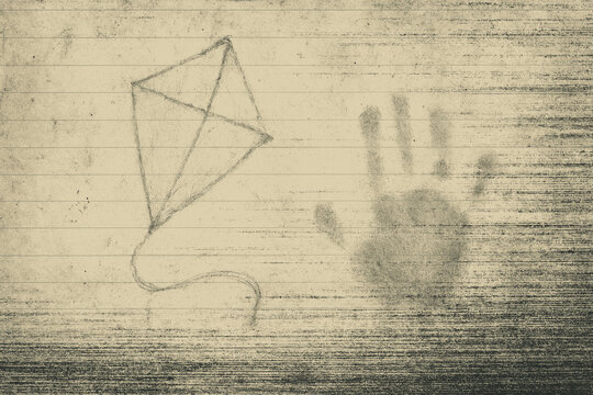 A memory of a childhood kite, decaying. Layered scanography of faded, water-stained notebook paper, a broken pencil sketch of a kite, and the ghostly impression of a child's handprint
