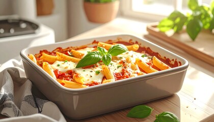 Delicious Baked Penne Pasta Dish with Tomato Sauce and Mozzarella Cheese.