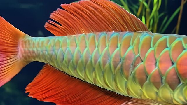 Colorful fish with scale pattern swims near plants in dark water