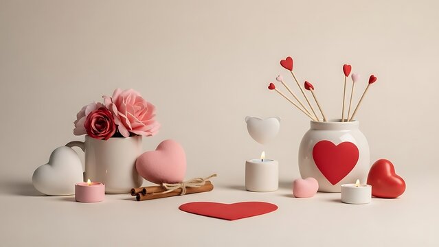 Valentines day still life with heart shaped objects and flowers in white vases on a plain background