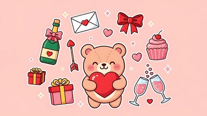 Cuddly bear with heart surrounded by romantic elements on a soft pink background