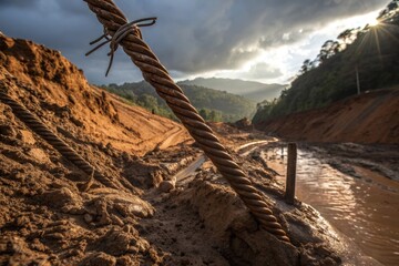 Exposed and Twisted Rebar Cable Emerging from a Muddy Landslide in a Hillside Environment