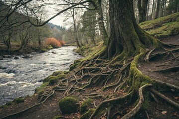 Gnarled Tree Roots Exposed Along Riverbank in a Forest, A Display of Nature's Strength and Resilience