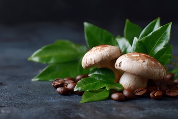 Obraz premium Artistic background with mushrooms and roasted coffee beans