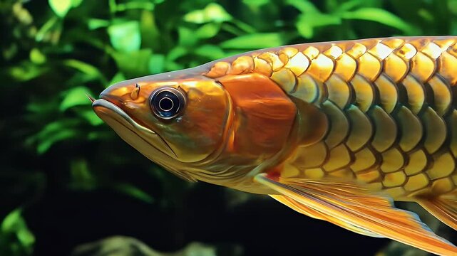 Golden Arowana swims with blurred green plants in background