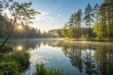 Sunlight Reflecting Off a Clear and Still Forest Pond in the Early Morning