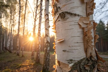 Sunlight Streaming Through a Birch Tree Forest in Autumn, Highlighting the Delicate Bark and Golden Light