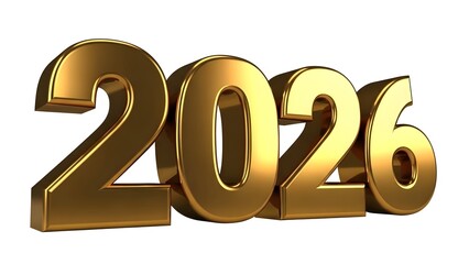 Golden 3d number 2026 isolated on white background for new year celebrations and greetings