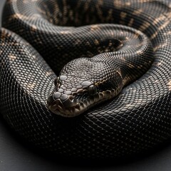 Fototapeta premium Close up of coiled reptile featuring intricate dark scales and a focused gaze