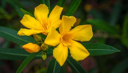 Vibrant Yellow Oleander Flowers Blooming in Lush Green Foliage.