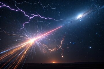 Visual Representation of Cosmic Rays Depicted as Luminous Streaks Across a Starry Sky, Enhanced to Show the Intensity of the Celestial Event