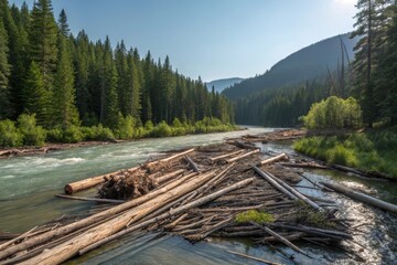 Wreckage of Natural Materials, Including Logs, Floating in a River Surrounded by Forest on a Sunny Day