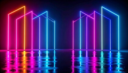 Vibrant Neon Rectangles Glowing in a Dark Room with Reflections.