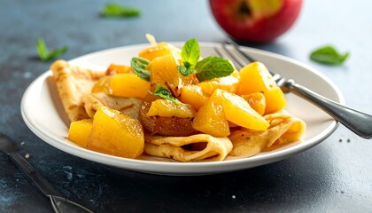 Delicious Peach Pancakes with Fresh Mint Garnish.