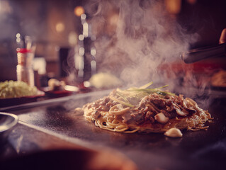 Japanese monjayaki cooking on the grill.